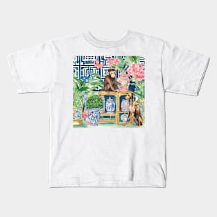 Monkey and Lurcher dog in chinoiserie interior Kids T-Shirt